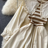 Chic High Waist Thin Striped Midi Length Doll Collar Dress