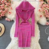 Hooded Striped Knitted Women Long-sleeved Dress