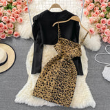 Fashion Crop Blazer -Two-piece Leopard Print Dress