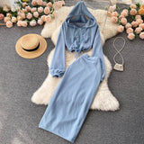 Women's Waist Tie Hooded Short Sweater High Waist Slit Skirt Two piece (set)