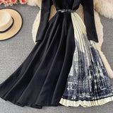 V-neck Long sleeved Ink Painting Stitching Pleated Long Skirt