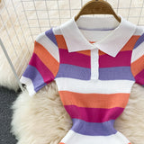 New Polo collar Slim Fit Striped Knitted Dress