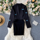 Embroidered Butterfly Suit Women's Jacket and Thin Metal chain Dress (set)