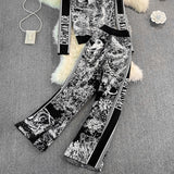 High Waist Printed Wide Leg Pants + Knitted Long sleeve set