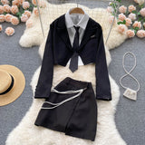 Polo collar Top Long-sleeved Blazer - Slit Skirt  Three piece (set)