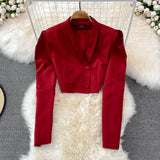 Fashion Suit British Style Short Puff Sleeve Blazer + High Waist Mid length Pleated Skirt