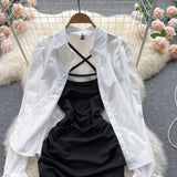 Fashion Versatile Puff Sleeve Shirt Top and Black Sling Dress