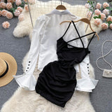 Fashion Versatile Puff Sleeve Shirt Top and Black Sling Dress