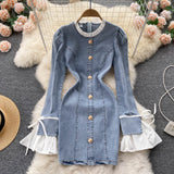 Retro Chic  Sexy Long-sleeve Denim Round-neck Dress