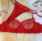 Sexy underwired lace slim sheer red bra