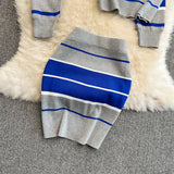 Three piece set Spring V-neck Striped Knitted Cardigan + Tube top + Skirt