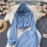 Women's Waist Tie Hooded Short Sweater High Waist Slit Skirt Two piece (set)