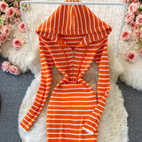 Hooded Striped Knitted Women Long-sleeved Dress