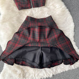 Retro Plaid New V-neck Sling Crop top + High Waist Short Skirt (set)