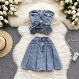 Sexy Two piece Denim set - Tube Top + High Waist Skirt