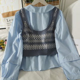 Loose Doll Collar Long-sleeved Shirt & Plaid Knitted Vest