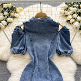 New Women Fashion Puff sleeved Denim Dress