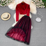 Fashion Suit British Style Short Puff Sleeve Blazer + High Waist Mid length Pleated Skirt