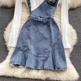 Women's Denim Suspender Skirt + Thin Round Neck T-shirt