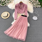 Fashion Suit British Style Short Puff Sleeve Blazer + High Waist Mid length Pleated Skirt