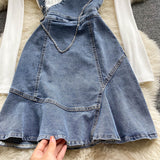 Women's Denim Suspender Skirt + Thin Round Neck T-shirt