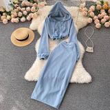 Women's Waist Tie Hooded Short Sweater High Waist Slit Skirt Two piece (set)