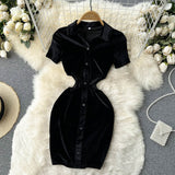 New Pleated Waist Polo Collar Velvet  Short-sleeved Sexy Dress