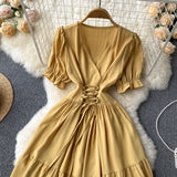 V-neck Puff Sleeve Dress - Adjustable Waist Tie