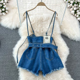 Denim Overalls Women High Waist Suspender Wide Leg Shorts