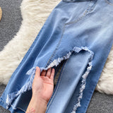 Smocked Lace Slanted Shoulder Vest Irregular Edge Slit Denim Skirt set