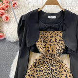 Fashion Crop Blazer -Two-piece Leopard Print Dress