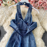 High Waist Loose Straight Wide Leg Sexy Backless Halter Neck Denim Jumpsuit