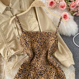 Casual Drawstring Pleated Short Jacket + Leopard Print Dress - Two piece (set)