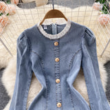 Retro Chic  Sexy Long-sleeve Denim Round-neck Dress